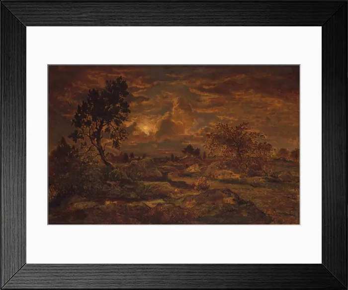 Framed Print : SUNSET NEAR ARBONNE, by Theodore Rousseau, 1860-65, French painting, oil on wood. Painted in warm colors, the varied textures in the rough landscape give the painting vitality
