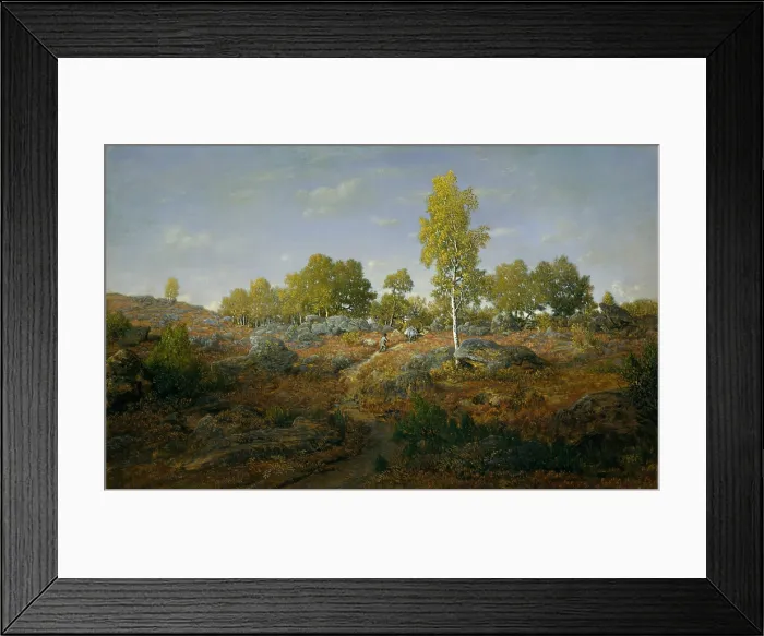 Framed Print : A PATH AMONG THE ROCKS, by Theodore Rousseau, 1861, French painting, oil on wood. The subject is the Forest of Fontainebleau in early morning Framed Print : A PATH AMONG THE ROCKS, by Theodore Rousseau, 1861, French painting, oil on wood. The subject is the Forest of Fontainebleau in early morning