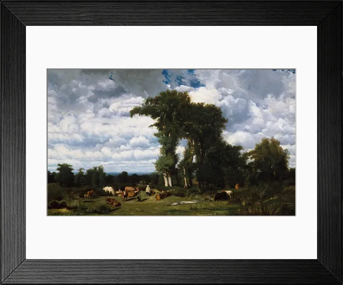 Framed Print : LANDSCAPE WITH CATTLE AT LIMOUSIN, by Jules Dupre, 1837, French painting, oil on canvas. Tall trees stand high against a bright cloud filled sky