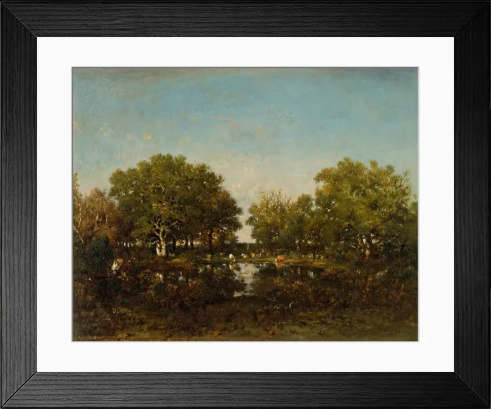 Framed Print : THE POOL, by Theodore Rousseau, 1862-64, French painting, oil on wood. Chambord Forest landscape with cattle drinking from a pond in a clearing