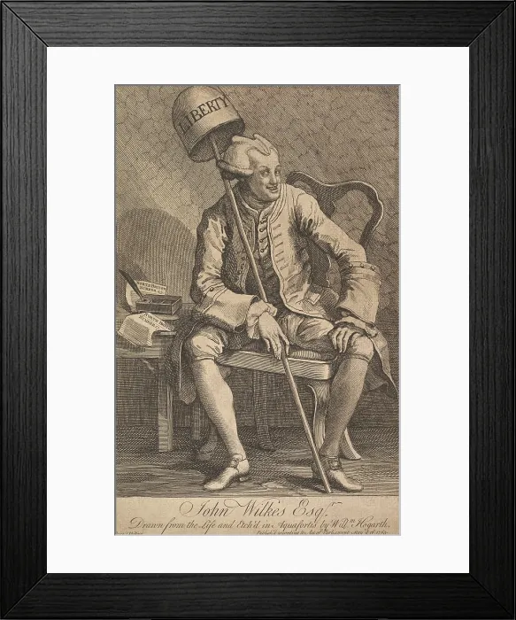 Framed Print : John Wilkes, is depicted with a demonic-looking wig, crossed eyes, and holding a Liberty Bell in a 1763 print by William Hogarth
