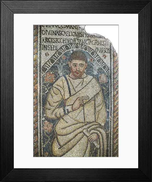 Framed Print : Bishop Optimus tombstone. 4th c. Paleo-christian art. Mosaic. SPAIN. Tarragona. Paleochristian Museum. AISA / Everett Collection**US SALES ONLY**