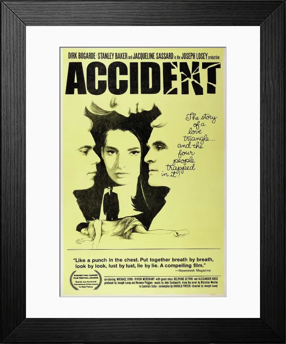 Framed Print : ACCIDENT, US poster art, from left: Dirk Bogarde, Jacqueline Sassard, Stanley Baker, 1967 Framed Print : ACCIDENT, US poster art, from left: Dirk Bogarde, Jacqueline Sassard, Stanley Baker, 1967