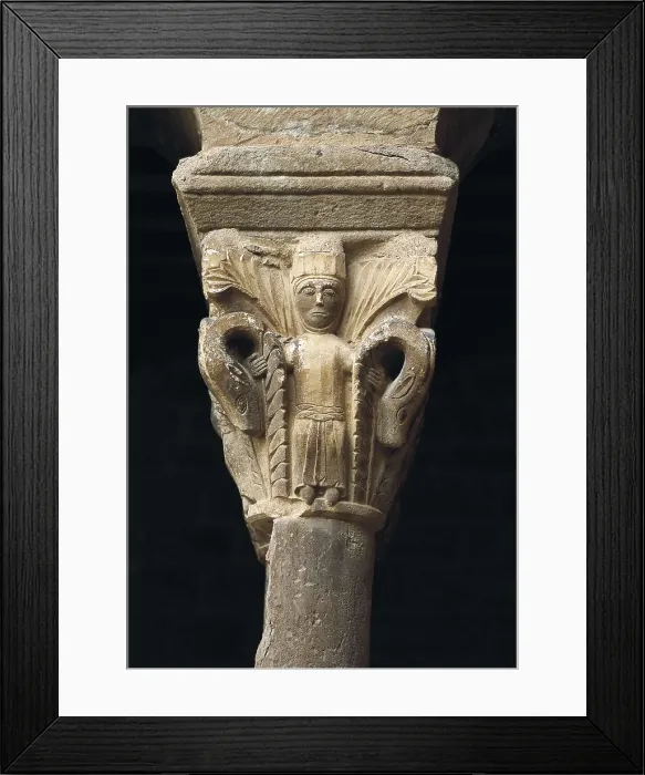 Framed Print : Monastery of St. 12th c. SPAIN. L'Estany. Monastery of Santa Maria de l'Estany. Cloister capital. Romanesque art. Relief on marble