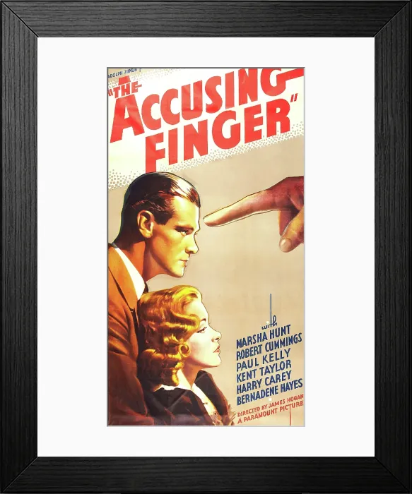 Framed Print : THE ACCUSING FINGER, from top on US poster art: Paul Kelly, Marsha Hunt, 1936