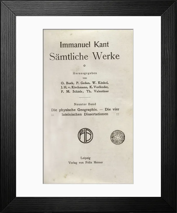 Framed Print : KANT, Emmanuel (1724-1804). Cover of the Emmanuel Kant's complete works (Smtliche Werke), publised in Leipzig. SPAIN. Barcelona