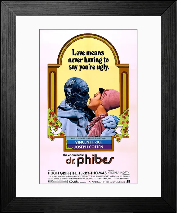 Framed Print : THE ABOMINABLE DR. PHIBES, from left: Vincent Price, Virginia North; 1-sheet poster art, 1971