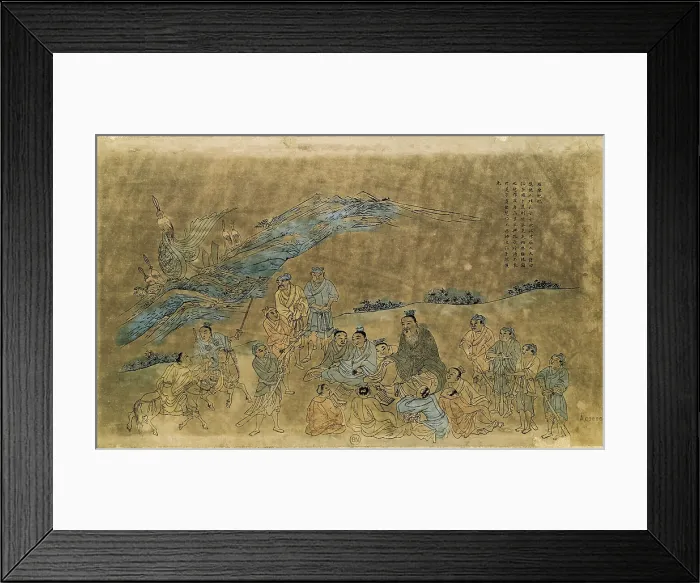 Framed Print : CONFUCIUS (551-479 BC). Scene from Confucius life surrounded by his disciples. Drawing on paper made with ink and watercolour during the Qing dynasty. Chinese art