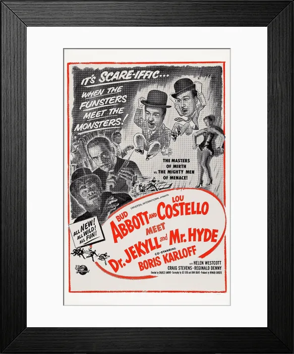 Framed Print : ABBOTT AND COSTELLO MEET DR. JEKYLL AND MR. HYDE, US poster art, from left: Boris Karloff, (twice), Lou Costello, Bud Abbott, Helen Westcott, 1953