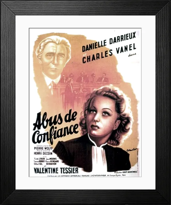 Framed Print : ABUS DE CONFIANCE, (aka ABUSED CONFIDENCE), French poster art, large heads from top: Charles Vanel, Danielle Darrieux, 1937