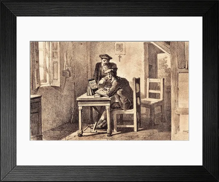 Framed Print : Spain. Carlists. Zumalacarregui teaching general Jauregui to read. Engraving. AISA / Everett Collection**US SALES ONLY**