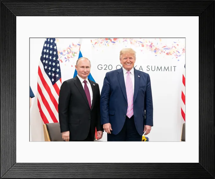 Framed Print : President Donald Trump greets President of the Russian Federation, Vladimir Putin, as he arrives at their bilateral meeting during the G20 Japan Summit, June 28, 2019, in Osaka