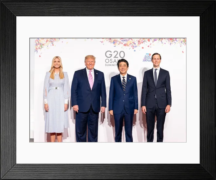 Framed Print : Japanese Prime Minister Shinzo Abe poses with President Donald Trump, Ivanka Trump, and Jared Kushner, at the G20 Japan Summit. June 28, 2019, Osaka, Japan (BSLOC_2019_6_226)