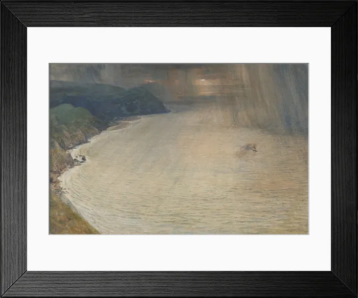 Framed Print : THE WEST WIND, LYNMOUTH, by Sir Edward John Poynter, 1866, British watercolor painting. Small boat steams on the Bristol Channel as a rain storm approaches