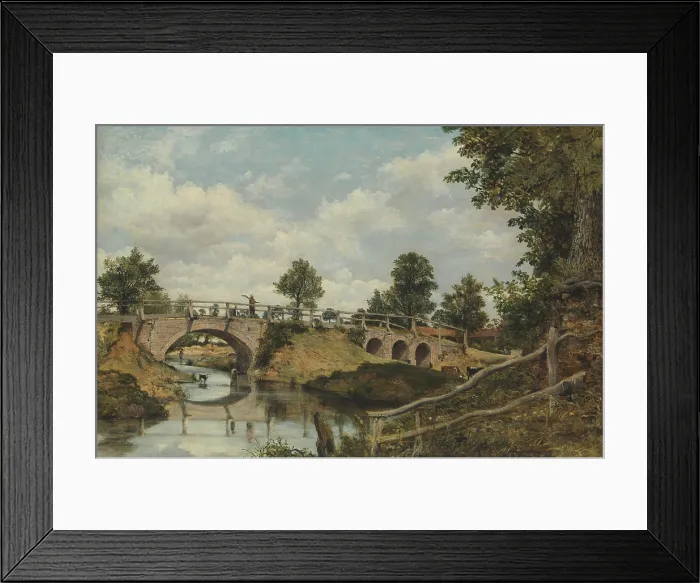 Framed Print : AN OLD BRIDGE AT HENDON, MIDDLESEX, by Frederick Waters Watts, 1828, British painting, oil on canvas. Watts likely exhibited this work at the Royal Academy in 1828