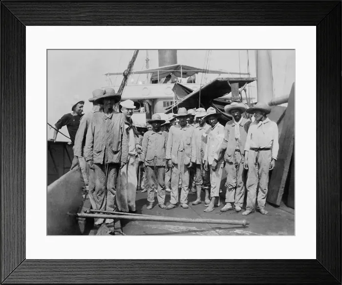 Framed Print : Spanish prisoners aboard the collier (coal ship) Abarenda at Guantanamo, June 14, 1898 Framed Print : Spanish prisoners aboard the collier (coal ship) Abarenda at Guantanamo, June 14, 1898