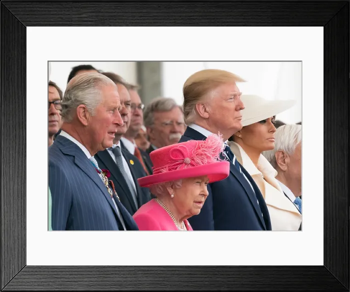 Framed Print : President Donald Trump and First Lady Melania Trump, with Queen Elizabeth II, Prince Charles, and other world leaders at the D-Day National Commemoration, Portsmouth, England