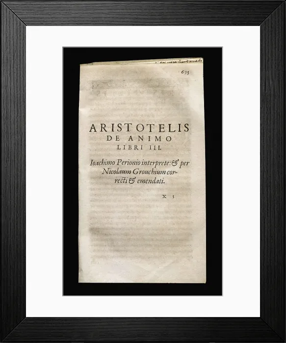Framed Print : ARISTOTLE (384-332 BC). 'De Anima'. Edition in Latin made in Lyon (1561). SPAIN. Barcelona. Biblioteca de Catalunya (National Library of Catalonia)