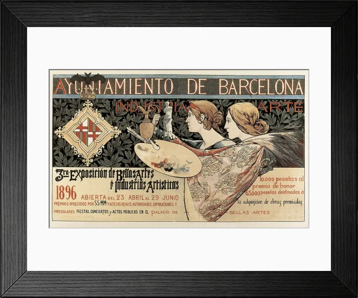 Framed Print : RIQUER, Alexandre de (1856-1920). Third Exhibition of Fine Arts and Artistic Industries. 1895. Poster advertising the city hall of Barcelona. Modernism. Painting Framed Print : RIQUER, Alexandre de (1856-1920). Third Exhibition of Fine Arts and Artistic Industries. 1895. Poster advertising the city hall of Barcelona. Modernism. Painting