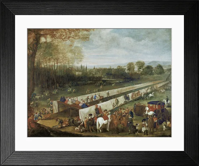 Framed Print : MARTINEZ DEL MAZO, Juan Bautista (1612-1667). La Caceria del Tabladillo, Aranjuez. 1630s. Seated on the grandstand: Queen Elisabeth of Bourbon and Medici and her ladies