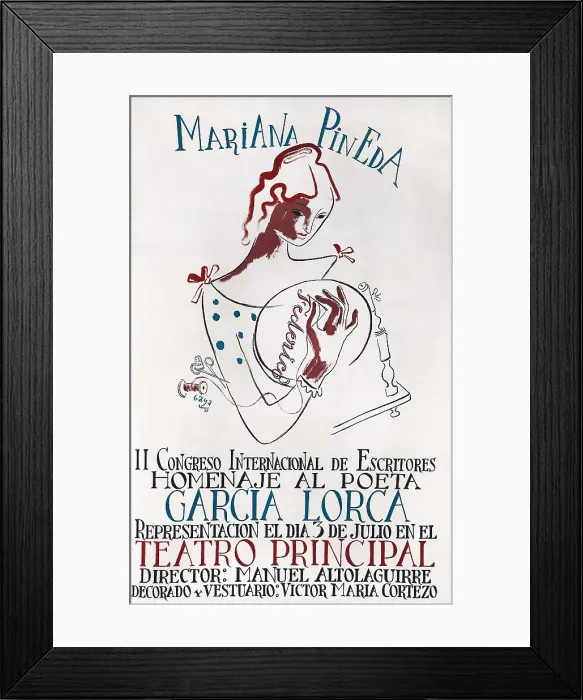 Framed Print : Poster advertising 'Mariana Pineda'. Performance in tribute to Garca Lorca at the 2nd International Congress of Writers (Valencia, 1937). SPAIN. Salamanca