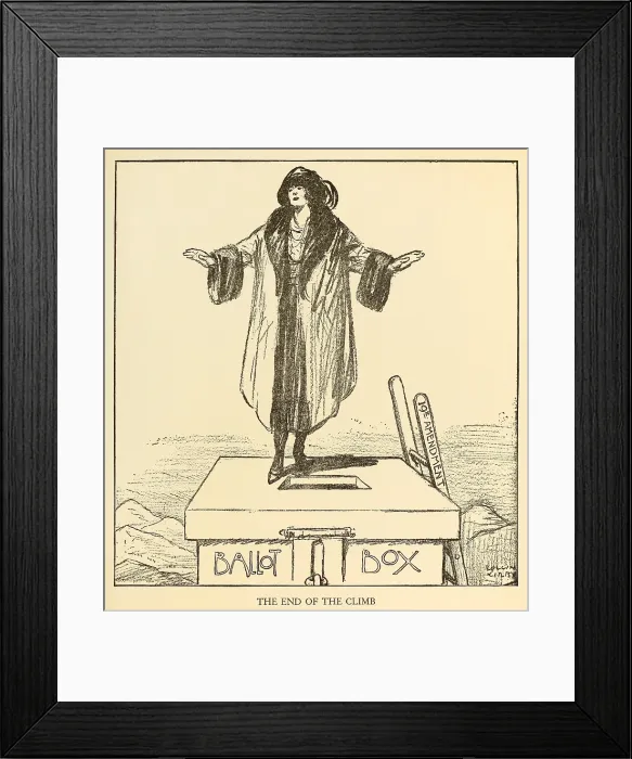 Framed Print : END OF THE CLIMB. Political cartoon celebrating women's suffrage. A woman stands on a giant ballot which she reached it by climbing a ladder labeled 19th Amendment