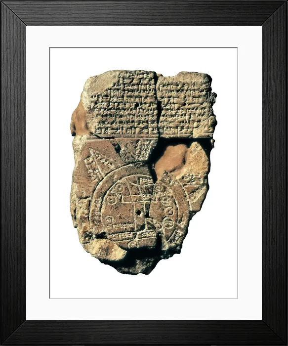 Framed Print : Map of the World. ca. 700 BC - 500 BC. Tablet with world map of the Mesopotamian world, with Babylon in the middle. Babylonian art. UNITED KINGDOM. London. The British Museum