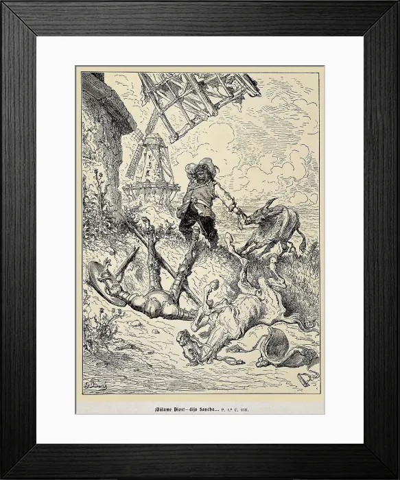 Framed Print : Dore, Gustave (1832-1883). Don Quixote and Rocinante, after the battle against a windmill. 1863. Illustration of chapter 8, first part of 'Don Quixote of La Mancha' Framed Print : Dore, Gustave (1832-1883). Don Quixote and Rocinante, after the battle against a windmill. 1863. Illustration of chapter 8, first part of 'Don Quixote of La Mancha'