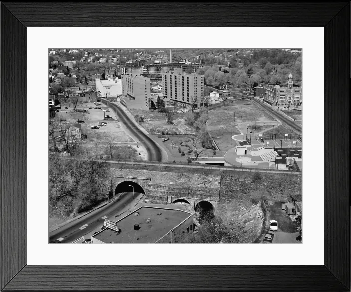 Framed Print : Yonkers, New York, ca. 1980. Aerial view showing Old Croton Aqueduct was opening in 1842 transporting water from Upstate Reservoir to New York City Framed Print : Yonkers, New York, ca. 1980. Aerial view showing Old Croton Aqueduct was opening in 1842 transporting water from Upstate Reservoir to New York City