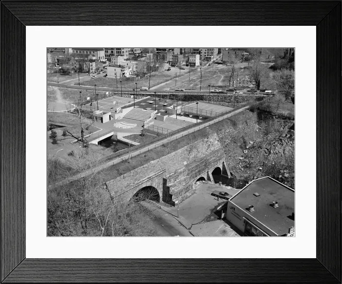 Framed Print : Yonkers, New York, ca. 1980. Aerial view showing Old Croton Aqueduct was opening in 1842 transporting water from Upstate Reservoir to New York City Framed Print : Yonkers, New York, ca. 1980. Aerial view showing Old Croton Aqueduct was opening in 1842 transporting water from Upstate Reservoir to New York City