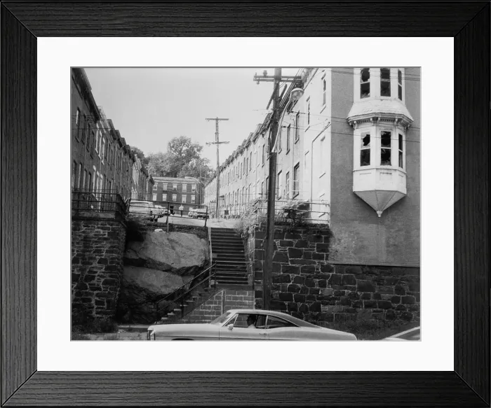 Framed Print : Yonkers, New York, ca. 1980. Moquette Row Housing, are 18th century industrial housing built for workers of Moquette Textile Mills in the 1880's Framed Print : Yonkers, New York, ca. 1980. Moquette Row Housing, are 18th century industrial housing built for workers of Moquette Textile Mills in the 1880's