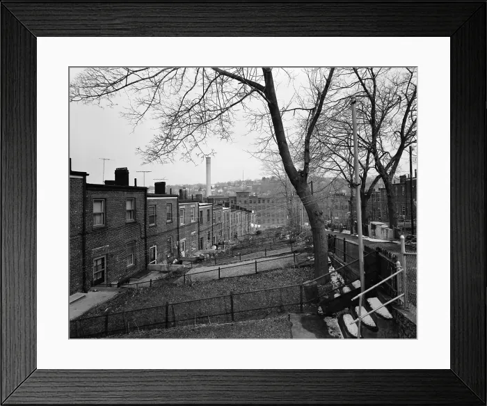 Framed Print : Yonkers, New York, ca. 1980. Moquette Row Housing, are 18th century industrial housing with generous backyards. View east showing south rear elevations from Orchard Street Framed Print : Yonkers, New York, ca. 1980. Moquette Row Housing, are 18th century industrial housing with generous backyards. View east showing south rear elevations from Orchard Street