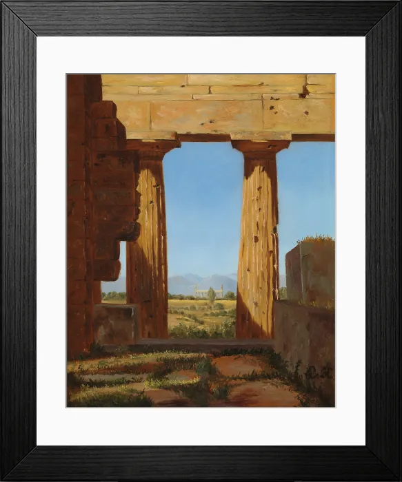Framed Print : COLUMNS OF THE TEMPLE OF NEPTURE AT PAESTUM, by Constantin Hansen, 1838, Danish oil painting. Hansen painted the 6th century BCE Greek complex at Paestum, Italy