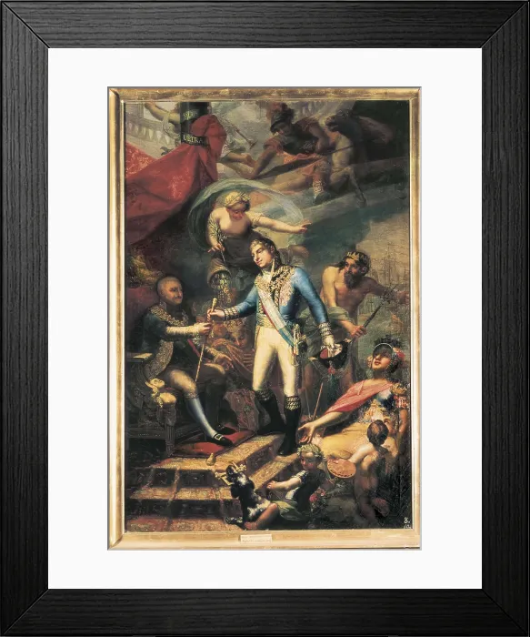 Framed Print : LLACER I VALDERMONT, Francisco (1781-1857). Charles IV appointing Godoy as Admiral. c. 1807. Oil on canvas. SPAIN. Valencia. San Pio V Fine Arts Museum