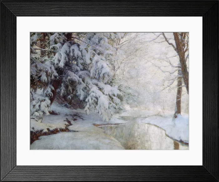Framed Print : SILENT DAWN, by Walter Launt Palmer, c. 1919, American painting, oil on canvas. Fresh snow weighs down the branches of evergreens next to a partially frozen stream Framed Print : SILENT DAWN, by Walter Launt Palmer, c. 1919, American painting, oil on canvas. Fresh snow weighs down the branches of evergreens next to a partially frozen stream