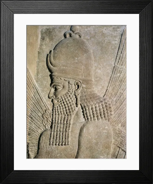 Framed Print : Winged Genie. 883 BC - 859 BC. Upper detail. Protective genie. Relief on alabaster. Assyrian art. Relief on rock. FRANCE. Paris. Louvre Museum Framed Print : Winged Genie. 883 BC - 859 BC. Upper detail. Protective genie. Relief on alabaster. Assyrian art. Relief on rock. FRANCE. Paris. Louvre Museum