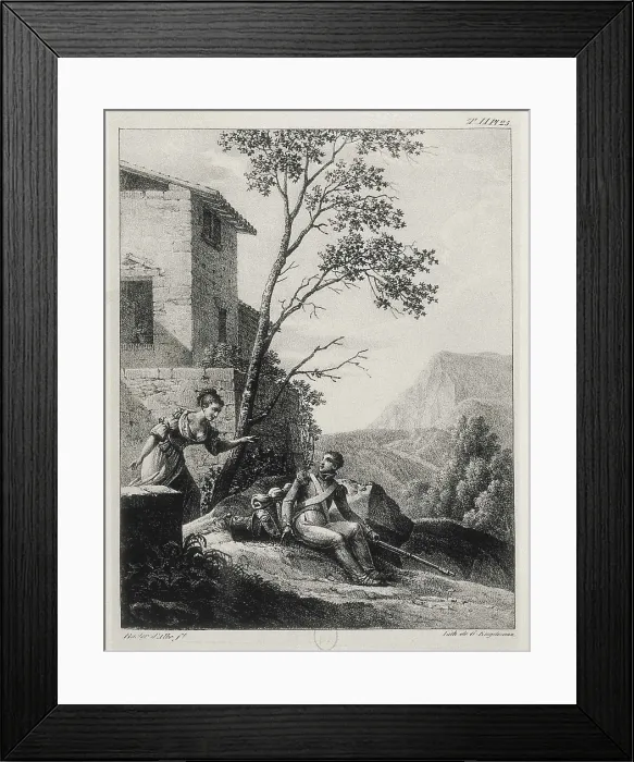 Framed Print : Spain. Peninsular War (1808-1814). An Spanish woman warns to a soldier of the arrival of the guerrilla 'El Empecinado'. Litography