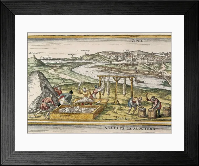 Framed Print : HOGENBERG, Franz (1535-1590). Civitatis Orbis Terrarum. 1572-1617. Conil de la Frontera. Salting fish (1599). Engraving for 'Civitatis Orbis Terrarum', by George Braun