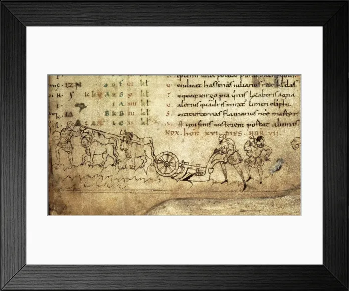 Framed Print : The Julius Calendar and Hymnal by Cotton Julius A.VI (11th c.). Lower detail of the folio 3 belonging to January: three men with a plough. Romanesque art. Miniature Painting Framed Print : The Julius Calendar and Hymnal by Cotton Julius A.VI (11th c.). Lower detail of the folio 3 belonging to January: three men with a plough. Romanesque art. Miniature Painting