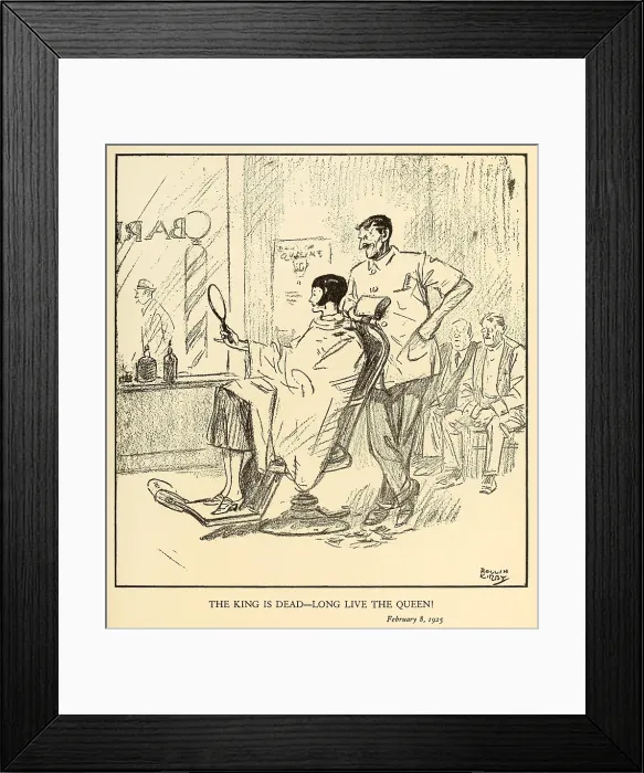 Framed Print : THE KING IS DEAD-LONG LIVE THE QUEEN. Young woman having her hair cut short in a barber shop. Feb. 8, 1925. Cartoon by Rollin Kirby for the New York World newspaper Framed Print : THE KING IS DEAD-LONG LIVE THE QUEEN. Young woman having her hair cut short in a barber shop. Feb. 8, 1925. Cartoon by Rollin Kirby for the New York World newspaper