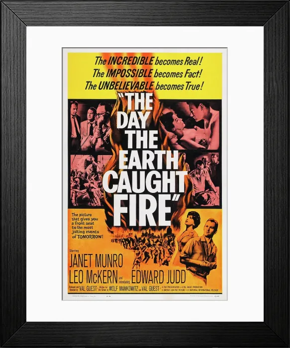 Framed Print : THE DAY THE EARTH CAUGHT FIRE, Leo McKern in collage, bottom l-r: Janet Munro, Edward Judd on poster art, 1961