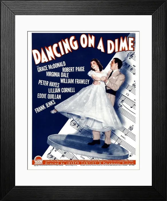 Framed Print : DANCING ON A DIME, from left: Grace McDonald, Robert Paige on window card, 1940