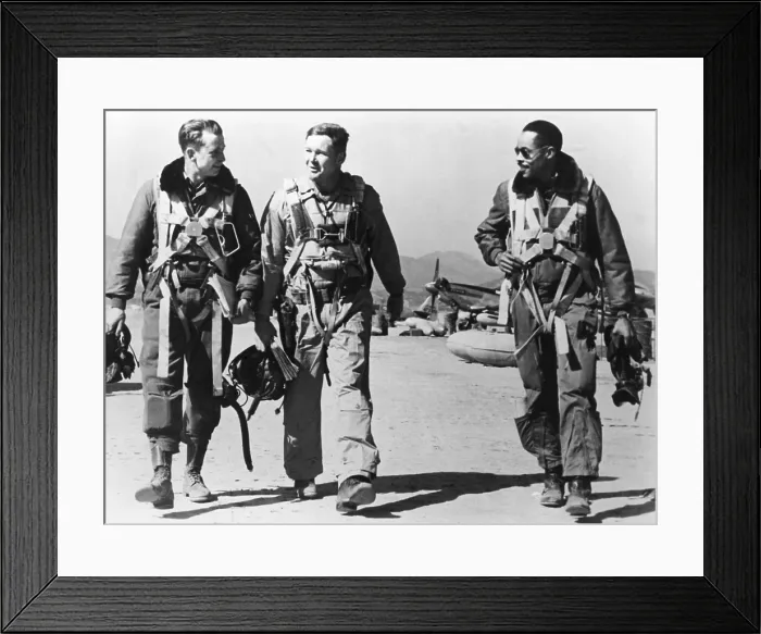 Framed Print : F-51 pilots returning from a mission during the Korean War. (L-R) 1st Lt. George McKee, Capt. Samuel Sanders and Capt. Leroy Roberts, a former Tuskegee Airman Framed Print : F-51 pilots returning from a mission during the Korean War. (L-R) 1st Lt. George McKee, Capt. Samuel Sanders and Capt. Leroy Roberts, a former Tuskegee Airman
