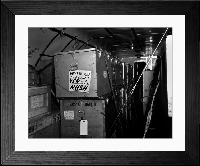 Framed Print : Air shipments of whole blood from American Red Cross for Korean War casualties. It will be stored in Yokohoma, for shipment to Korea as needed. Korean War, 1950-53