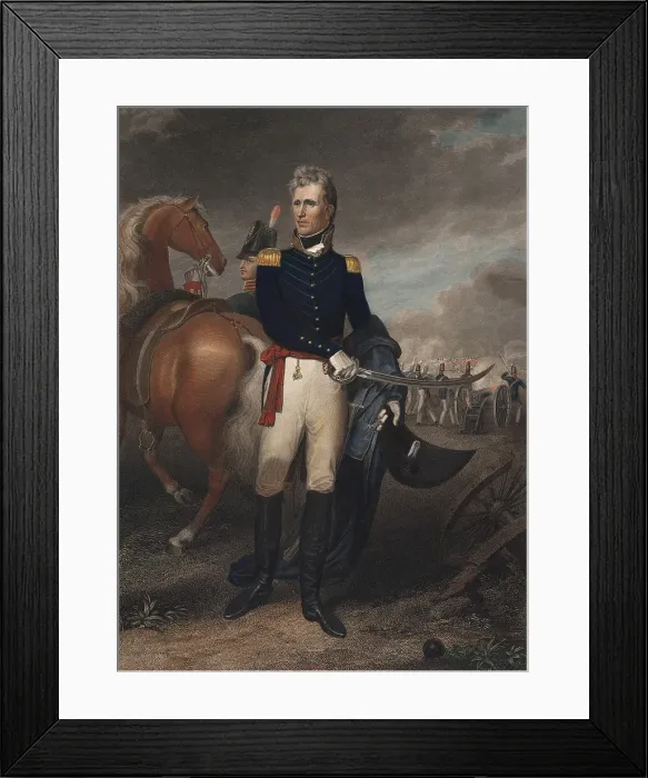 Framed Print : General Andrew Jackson, as the hero of New Orleans. He fought in the War of 1812 and the Indian Wars in the American Southeast. Hand colored engraving by Asher B Framed Print : General Andrew Jackson, as the hero of New Orleans. He fought in the War of 1812 and the Indian Wars in the American Southeast. Hand colored engraving by Asher B