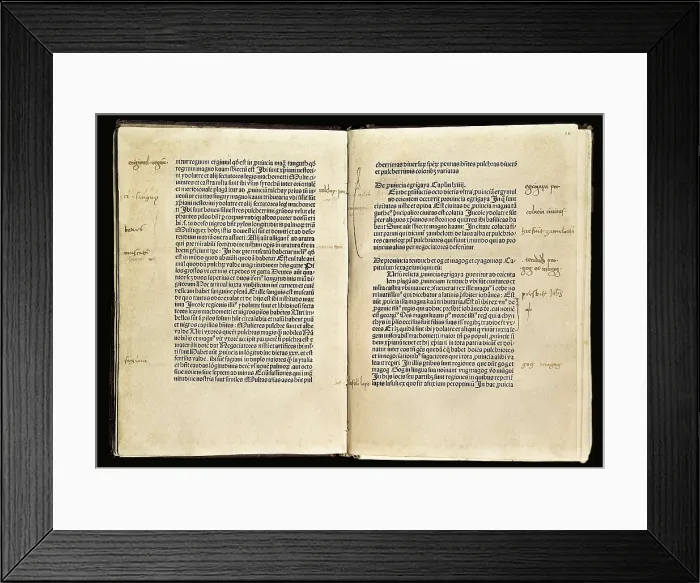 Framed Print : COLUMBUS, ChrIstopher (1451-1506); Polo, Marco (1254-1324). Pages 23r and 24v from the 'Travels of Marco Polo' with notes of Christopher Columbus. SPAIN. Sevilla
