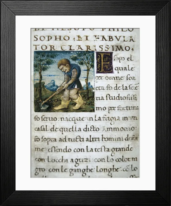 Framed Print : ESOPUS (650-560 BC). Illustration of 'Aesop's Fables'. Ms. 758. Gothic art. Miniature Painting. SPAIN. Valencia. Valencia University Library Framed Print : ESOPUS (650-560 BC). Illustration of 'Aesop's Fables'. Ms. 758. Gothic art. Miniature Painting. SPAIN. Valencia. Valencia University Library