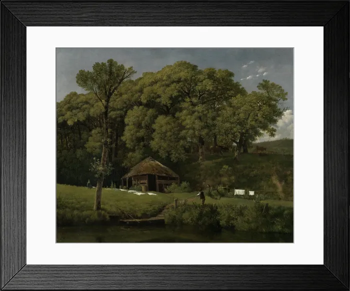 Framed Print : A Barn on the Bank of a Stream in Gelderland, by Wouter Johannes van Troostwijk, c. 1805-10, Dutch painting, oil on canvas. Streamside farm barn with figures and fabric bleaching