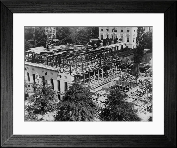Framed Print : White House West Wing construction, 1934. FDR engaged an architect, Eric Gugler, to redesign the West Wing in 1933
