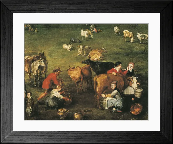 Framed Print : Breugel, Jan, The Elder, called 'Velvet Bruegel' (1568-1625). The Peasant Life. ca. 1617. Lower right-hand detail, milking of the cows. Flemish art. Oil on wood. SPAIN